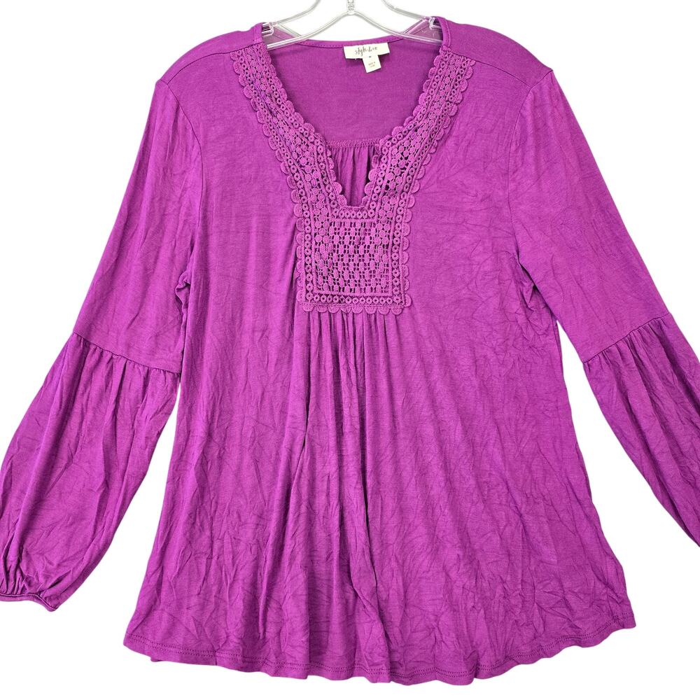 Style & Co Purple Shirt NEW Stretch Lace V-Neck Long Sleeves Top Women's Size M